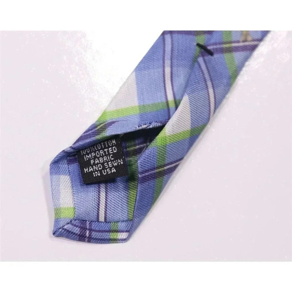Phineas Cole Light Blue/Lime Green Plaid Check 100% Cotton Slim Necktie Tie - Picture 6 of 6